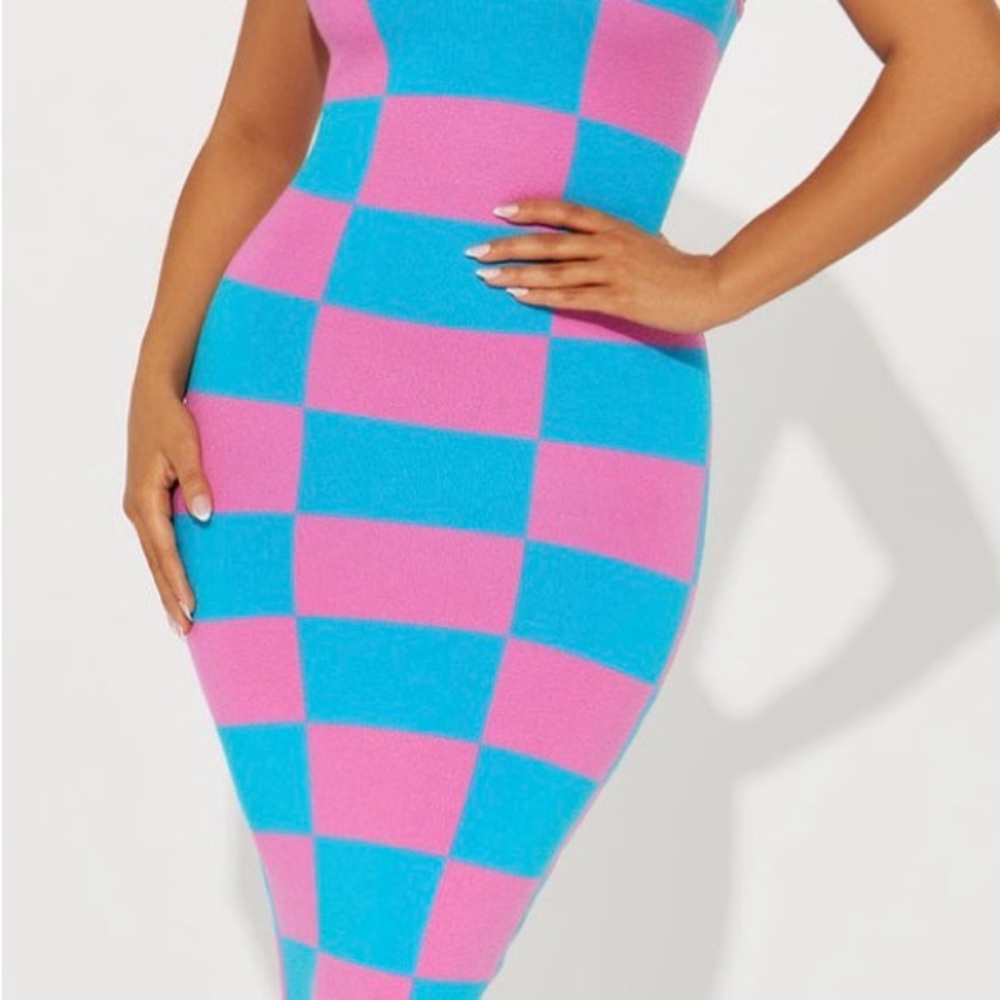 Fashion Nova Pink and Blue Checkered Maxi Dress
